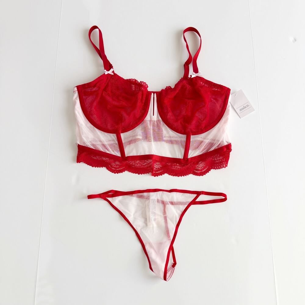 [Auden] Red White Matching Lace Set Lingerie Mini Corset & G-String NWT Size XL
